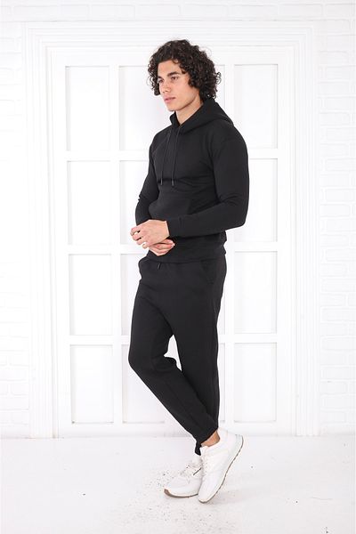 NEED LİFE Men's Black Winter Cotton Hooded Kangaroo Pocket Comfortable Fit Tracksuit Set