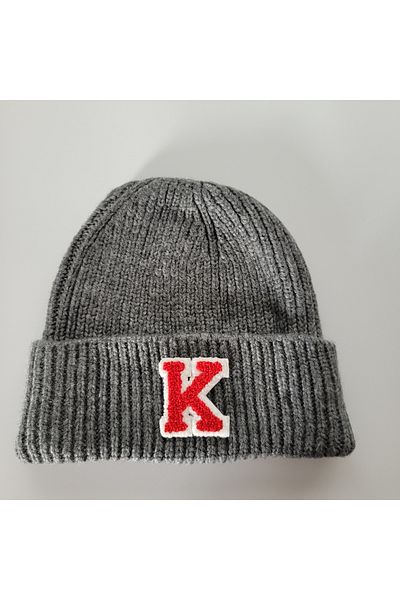 initialess Mohair Folded Knitted Anthracite Wool Beret with Letter K