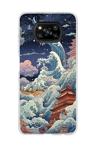 Magic Ring Poco X3 Pro Uyumlu Kanagawa Dalga Kolaj Desenli Şeffaf Telefon Kılıfı