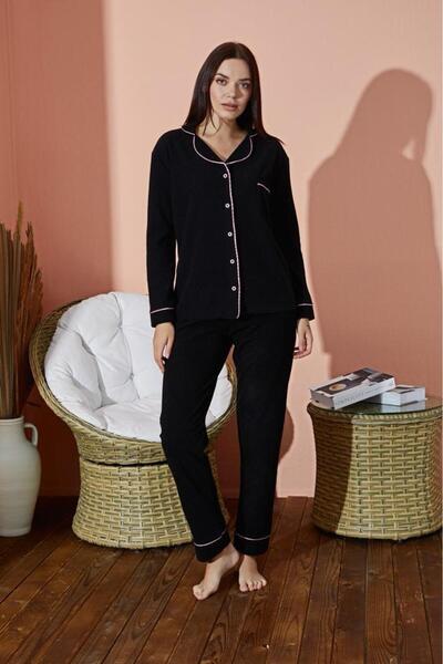 Deep Homewear Siyah Önden Düğmeli Pembe Çizgili Polar Pijama Takımı