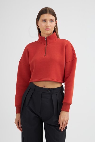 Looker Club Kadın Dik Yaka Fermuarlı Crop Sweat - 2024521