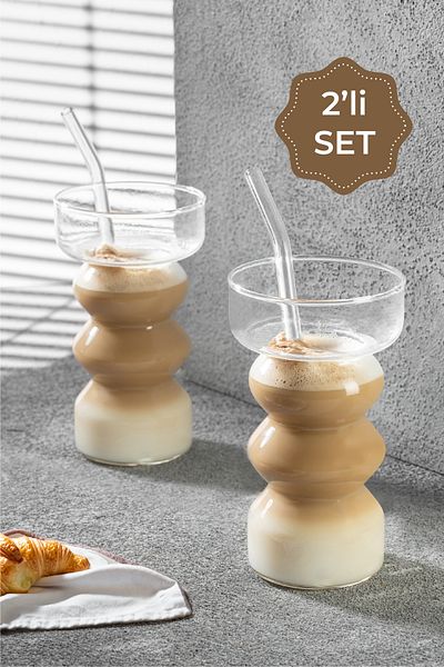 Vienev Set of 2 Aura Coffee and Juice Glasses - 2 Glass Straw Gift