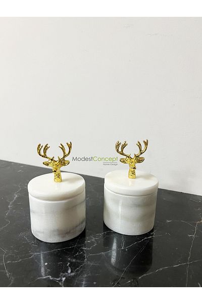 Modestmar Natural White Marble Spice Rack Set 2 Pieces with lid Gold Deer Object Marble Spice Rack