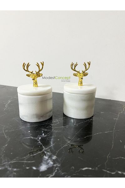 Modestmar Natural White Marble Spice Rack Set 2 Pieces with lid Gold Deer Object Marble Spice Rack
