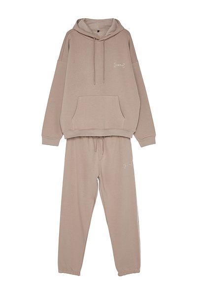 Trendyol Collection Embroidery Detailed Hooded Mink Sweatshirt and Sweatpants Set - Tmnaw24Em00000