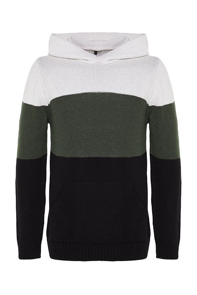 Trendyol Collection Khakifarbener, normal geschnittener Wollpullover mit Kapuze und Farbblock-Strickpullover TMNAW22KZ0822