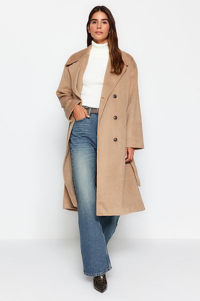 Trendyol Collection Nerzfarbener, übergroßer, weit geschnittener Mantel mit Gürtel TWOAW24KB00214