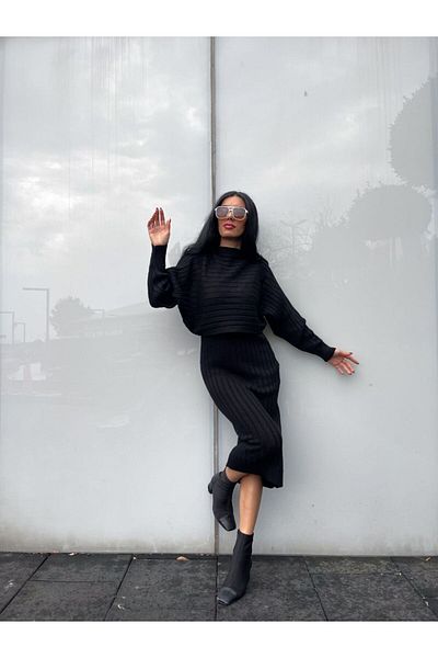 ZF BUTİK Damen-Strickwaren-Trägerkleid-Pullover-Doppelset