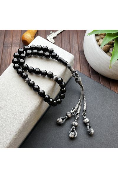 dergah tesbih Ott14 Model Silver Rosary - Oltu Stone Detailed