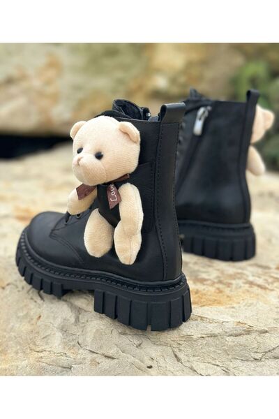 Surpie Shoes Dívčí kozačky s medvídkem, dětské kozačky na zip, černé dětské kozačky