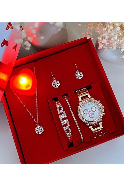 Has Rose Clock Bracelet Necklace and Earring Square Set Box with Gift