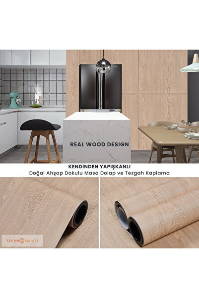 TechnoSmart 60×100cm Kendinden Yapışkanlı Doğal Ahşap Dokulu Kaplama Kağıdı Mutfak Dolap Masa Duvar