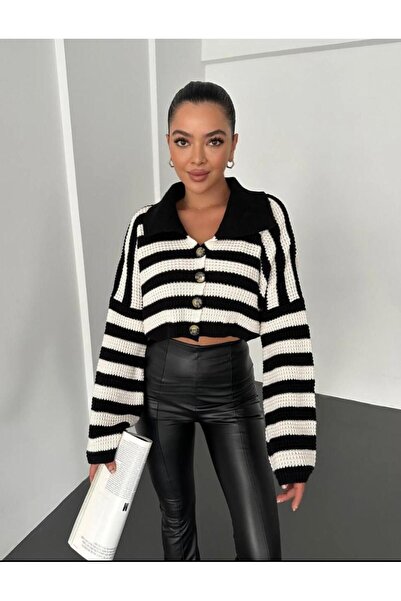 Niceboutique Black and White Striped Polo Collar Gold Buttoned Thessaloniki Knit Cardigan