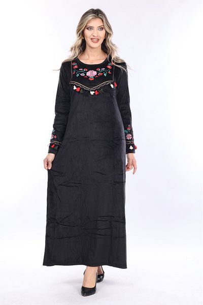 mervemoda Women's black embroidery detailed velvet dress