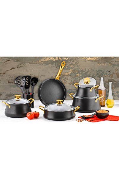 ÖZLİFE LOTUS 9 Piece Cookware Set Black
