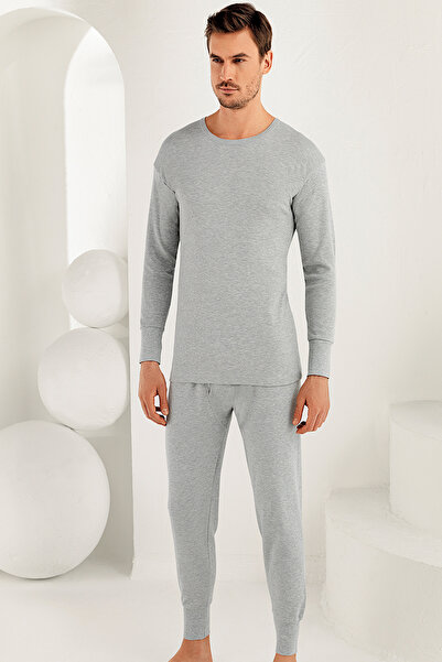 Şahinler Men's Gray Long Sleeve Crew Neck Interlock Underwear ME016