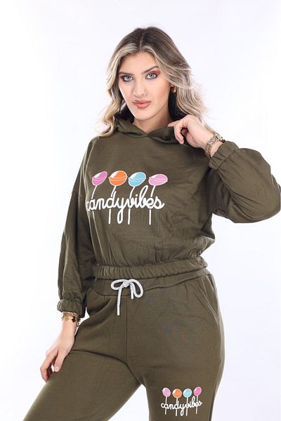 mervemoda Women's Khaki Two Thread Raised Tracksuit Set