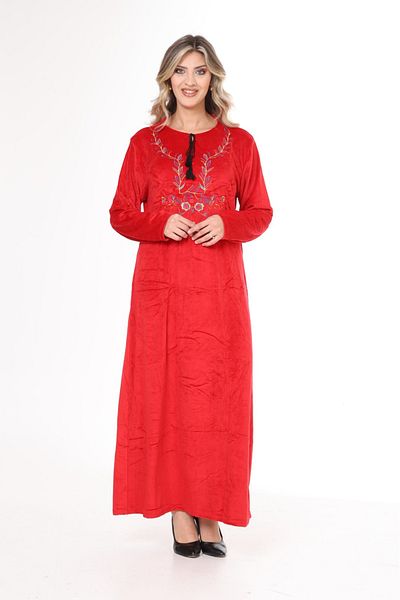 mervemoda Rochie de damă din catifea cu broderie roșie