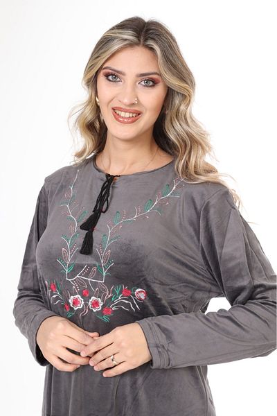 mervemoda Γυναικείο βελούδινο φόρεμα με κέντημα σε σκούρο γκρι