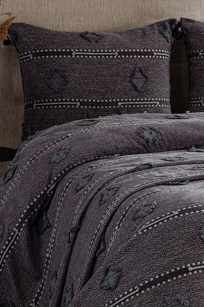 Evlen Home Collection Katre Cotton Double (Pique Set) Bedspread Battal Dowry Set 3 Pieces Anthracite