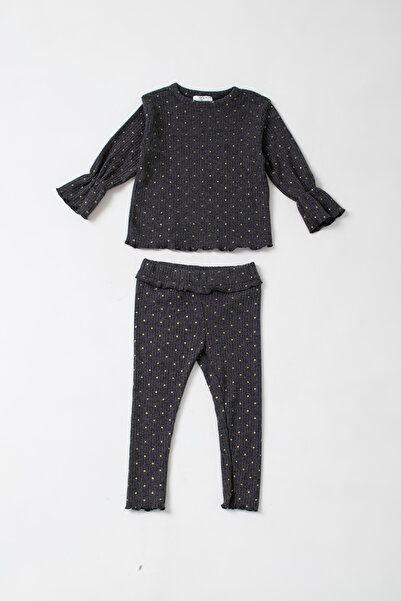 Tinymuyt Girl's Corded Glittery Polka Dot Detail Anthracite Bottom and Top Set
