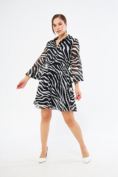 SELAZRA Alnina Gömlek Yaka Zebra Desenli Kısa Boy Regular Fit Siyah Beyaz Renk Elbise - 36, Siyah Beyaz