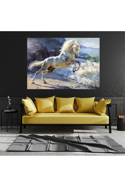 HDART Modern Soyut YAĞLI BOYA GÖRÜNÜMLÜ BEYAZ AT KANVAS TABLO Tablosu Duvar D...