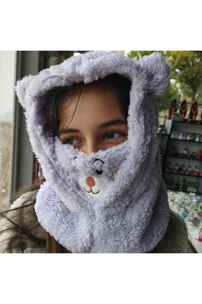 sofun Cute Bear Lilac Plush Hat Plush Beanie Hat with Teddy Bear Neck Collar