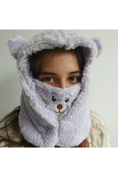 sofun Cute Bear Lilac Plush Hat Plush Beanie Hat with Teddy Bear Neck Collar