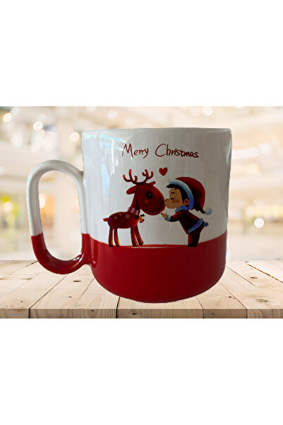 GünayStore NOEL TEMALI GEYİKLİ NOEL BABA KIYAFETLİ ÇOÇUK BASKILI PRO KIRMIZI İKİ RENK KUPA