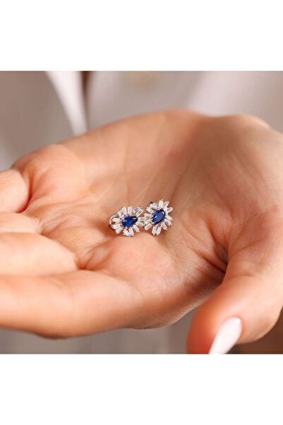 Sembol Gold Baget Taşlı Altın Safir Küpe