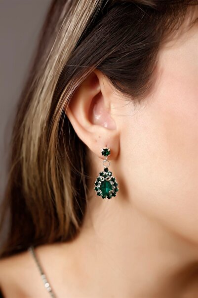 HUBANN Yeşil Su Yolu Zirkon Taşlı Küpe Gelin Nişan Küpesi Parti Davet Küpesi Gümüş Kaplama Küpe