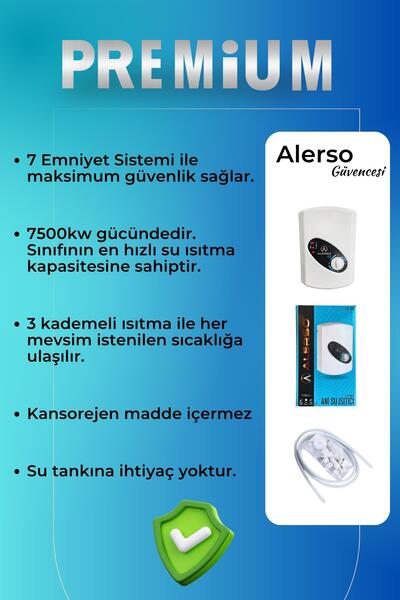 Alerso Premium Elektrikli Banyo Şofbeni 7 Emniyetli Ani Su Isıtıcı 7500w