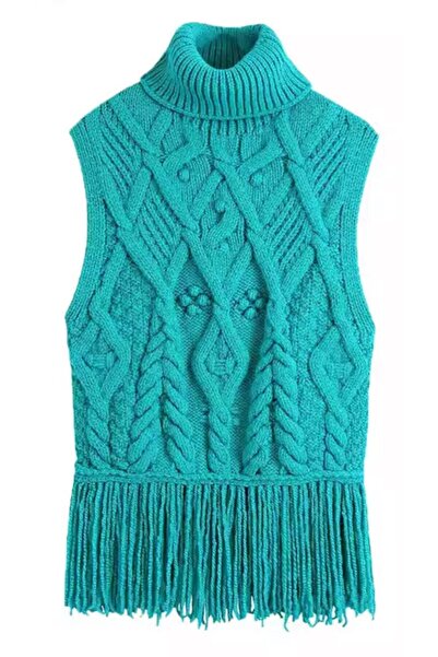 PARA Tİ Kadın turkuaz mavi balıkçı yaka kolsuz kalın triko püsküllü süveter