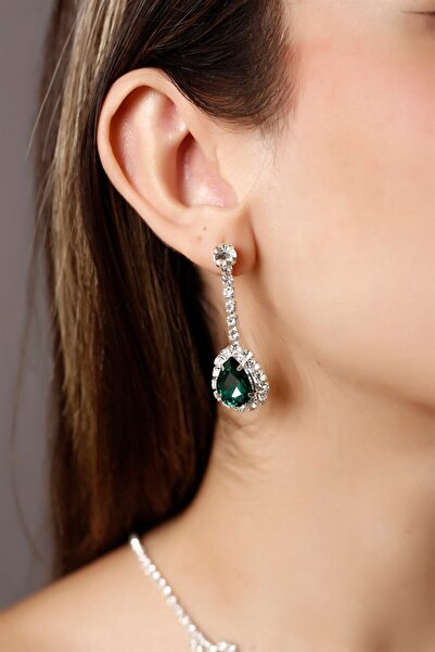 HUBANN Gümüş Kaplama Yeşil Taşlı Hürrem Sallantılı Küpe Özel Günler Düğün Nişan Küpesi