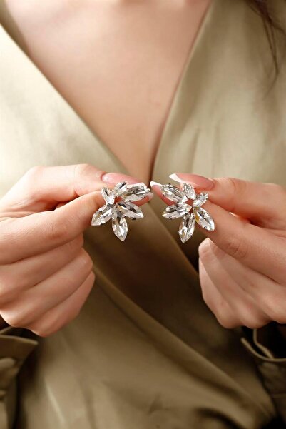 HUBANN Stylish Gümüş Renk Oval Taşlı Kadın Küpe Renkli Taşlı Küpe Gümüş Kaplama Küpe Şık Tasarım Küpeler