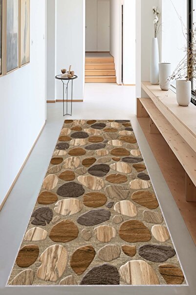 Lizia Home Bej 3D Taş Özel Ölçülü Kaymaz Tabanlı Rulo Yolluk Hol Antre Mutfak Halısı AR1211