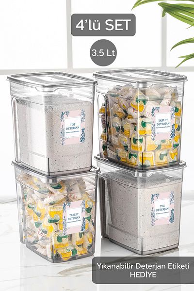 Meleni Home 4 Pieces 3.5 Liter Powder Tablet Detergent Box - Lena Practical Storage Container with Lid