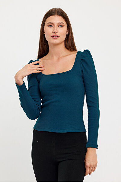 Avones Bluză cu mânecă lungă cu guler pătrat de damă-corp Petrol