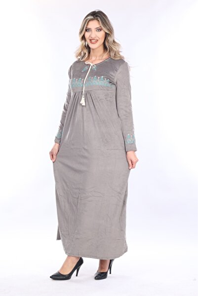 mervemoda Women's Grey Embroidery Detailed Velvet Dress