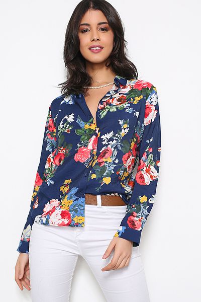 AVORWE Cămașă cu nasturi cu modele florale