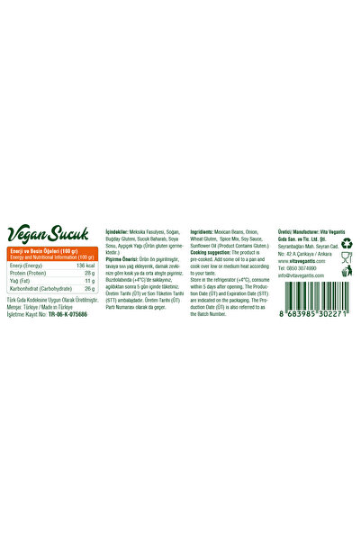 Vita Vegantis Vegan Sucuk 150 Gr 2 Adet