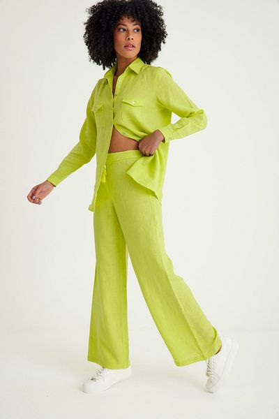 Just Like You Green Linen - Lace-up Waist, Wide Leg Women's Trousers