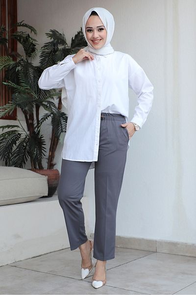 Bestenur Zülal Elastic Waist Pocket Trousers 651 - Gray