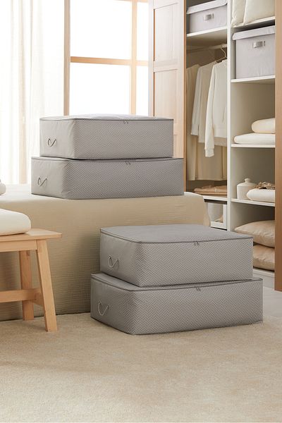 Ocean Home Textile 4-Piece Gray Herringbone Under Base Pillow Quilt Sweater Bag