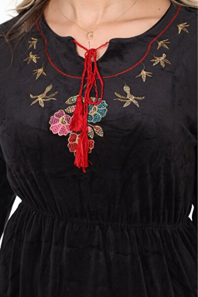 mervemoda Γυναικείο βελούδινο φόρεμα με μαύρο γιακά