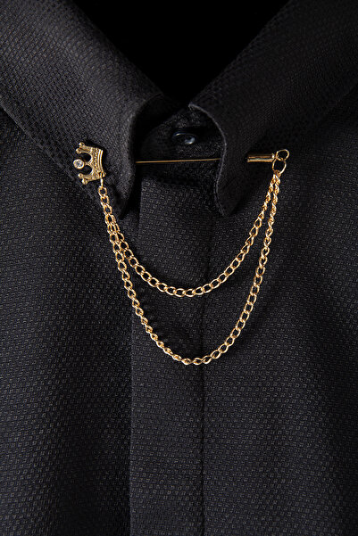 VEAVEN Tüm Gömleklere Uyumlu Kral Taç Figürlü Altın Renk Zincirli Yaka İğnesi