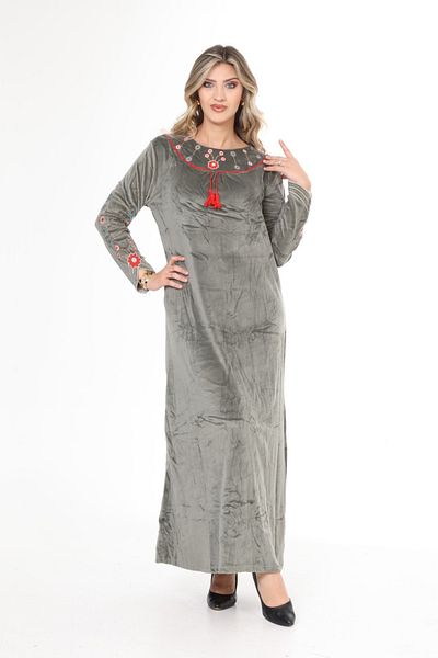 mervemoda Women's Khaki Collar and Sleeve Embroidery Detailed Velvet Long Dress