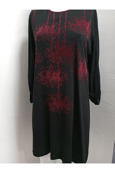 AKŞEN GİYİM Large Size Knitwear Woven Claret Red Velvet and Stone Decorated SLEEVE FOLDABLE WINTER TUNIC