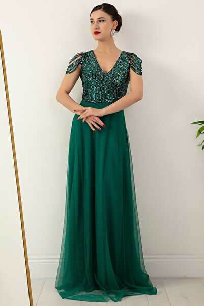 PULLIMM Μακρύ βραδινό φόρεμα με παγιέτες στο επάνω μέρος και τοπ παγιέτες στο κάτω μέρος από τούλι 13118